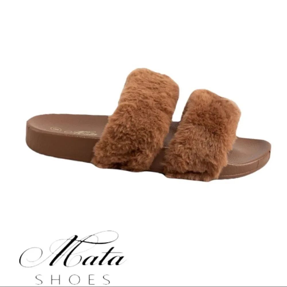 NIB Mata Shoes "Cuddle" Brown Fuzzy Slide Double Band Sandals Slippers 6